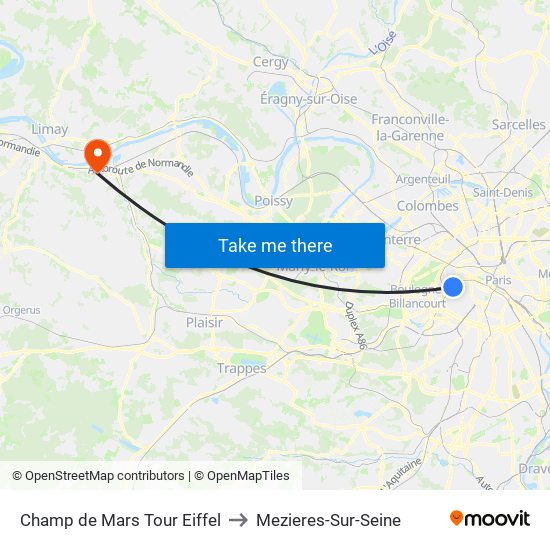 Champ de Mars Tour Eiffel to Mezieres-Sur-Seine map