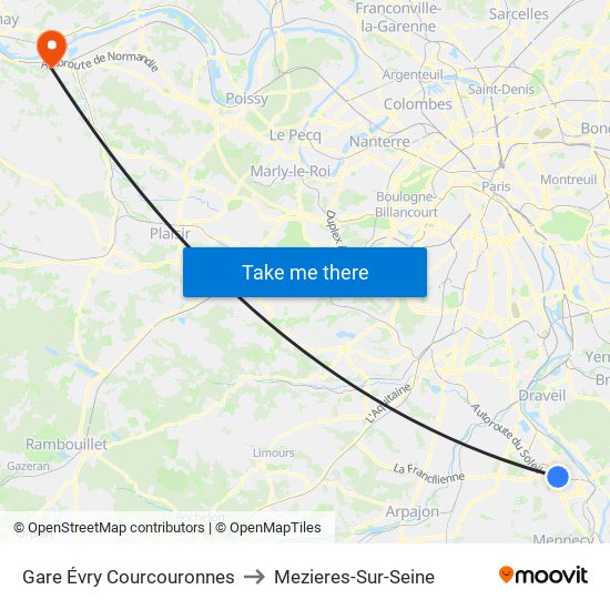 Gare Évry Courcouronnes to Mezieres-Sur-Seine map