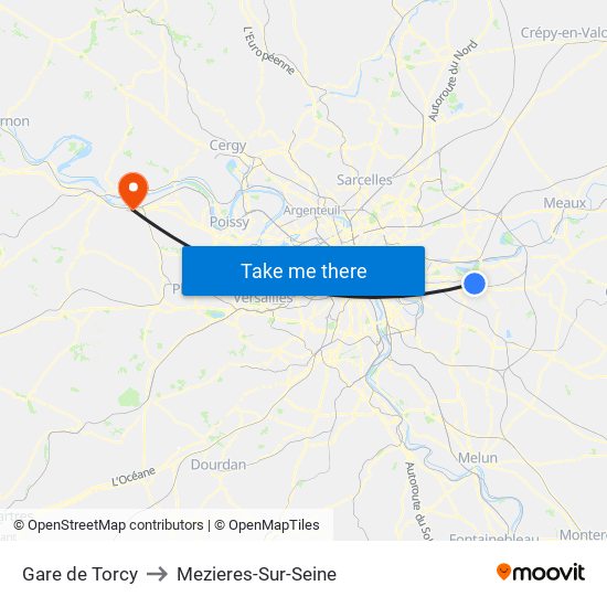 Gare de Torcy to Mezieres-Sur-Seine map