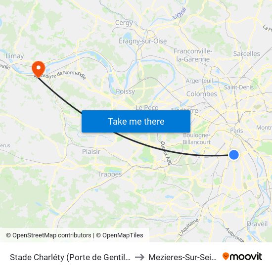 Stade Charléty (Porte de Gentilly) to Mezieres-Sur-Seine map