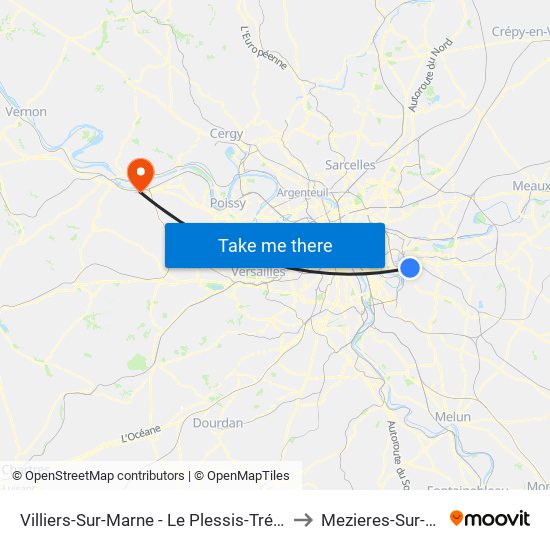 Villiers-Sur-Marne - Le Plessis-Trévise RER to Mezieres-Sur-Seine map
