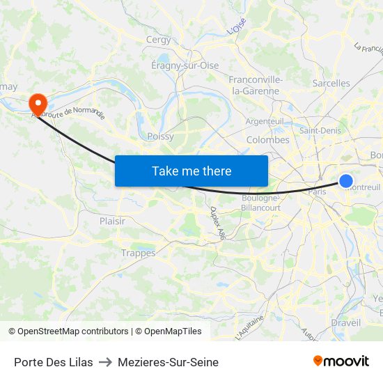 Porte Des Lilas to Mezieres-Sur-Seine map