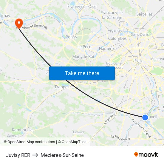 Juvisy RER to Mezieres-Sur-Seine map