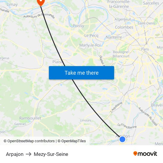 Arpajon to Mezy-Sur-Seine map
