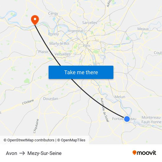 Avon to Mezy-Sur-Seine map
