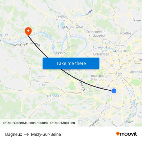 Bagneux to Mezy-Sur-Seine map