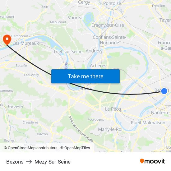 Bezons to Mezy-Sur-Seine map