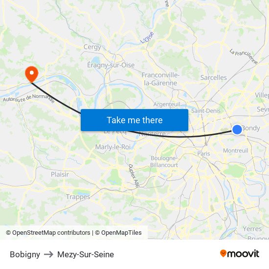 Bobigny to Mezy-Sur-Seine map