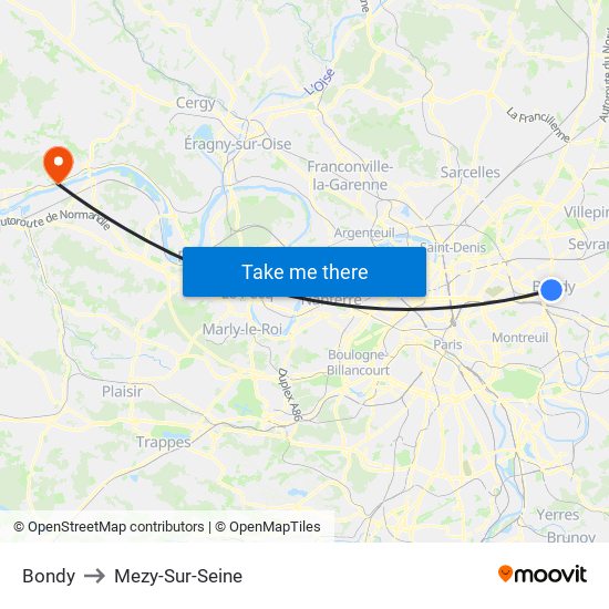 Bondy to Mezy-Sur-Seine map