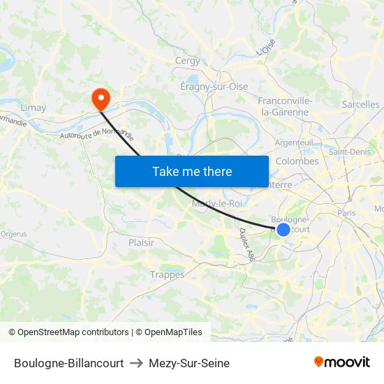 Boulogne-Billancourt to Mezy-Sur-Seine map