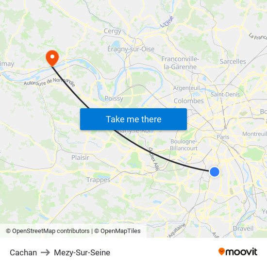 Cachan to Mezy-Sur-Seine map