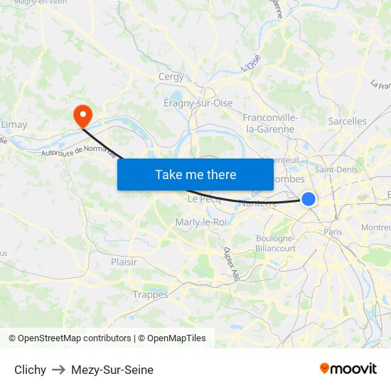 Clichy to Mezy-Sur-Seine map