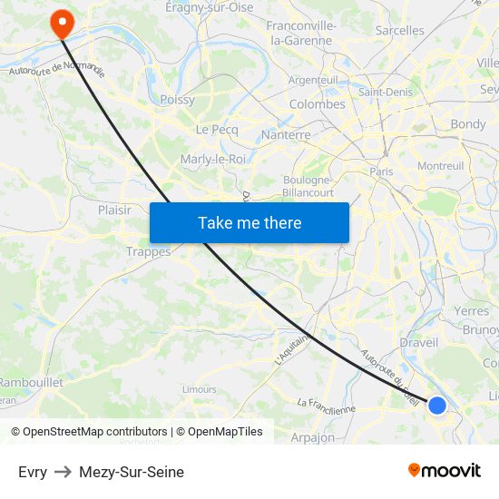 Evry to Mezy-Sur-Seine map