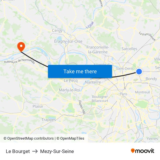 Le Bourget to Mezy-Sur-Seine map