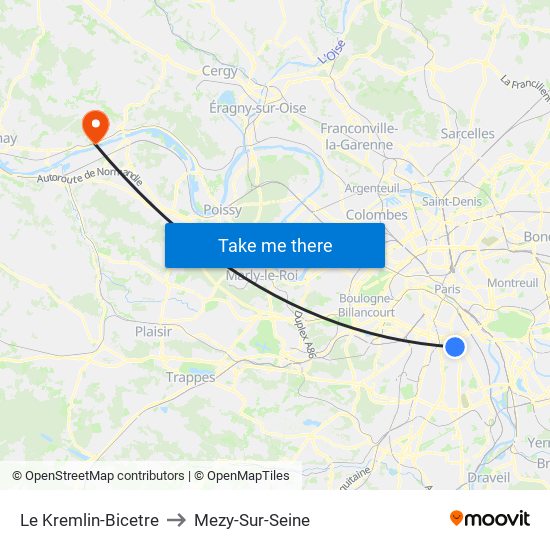 Le Kremlin-Bicetre to Mezy-Sur-Seine map