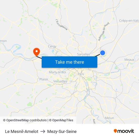 Le Mesnil-Amelot to Mezy-Sur-Seine map