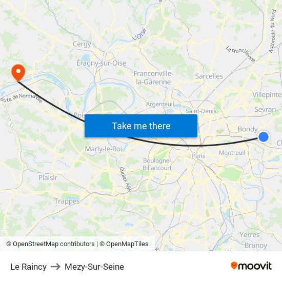 Le Raincy to Mezy-Sur-Seine map