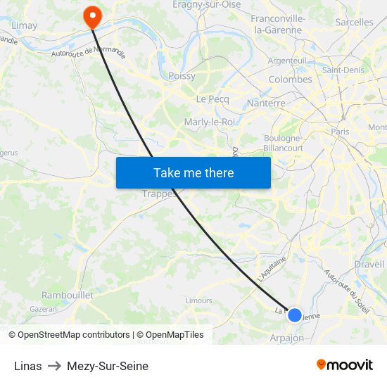 Linas to Mezy-Sur-Seine map