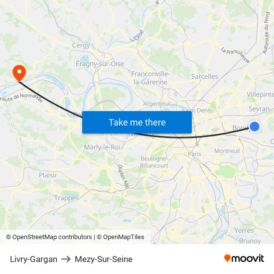 Livry-Gargan to Mezy-Sur-Seine map