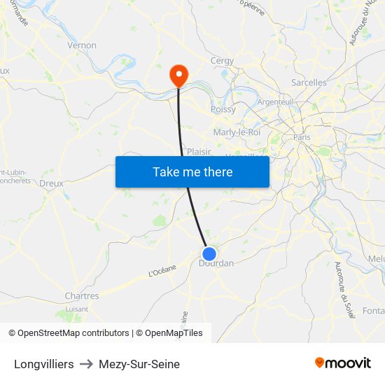 Longvilliers to Mezy-Sur-Seine map