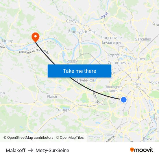 Malakoff to Mezy-Sur-Seine map