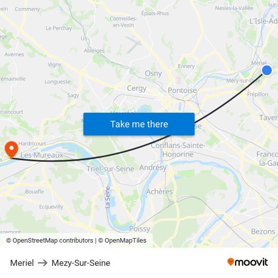 Meriel to Mezy-Sur-Seine map