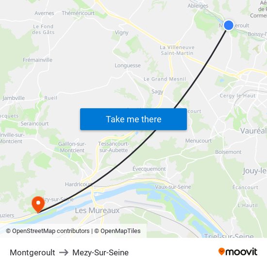 Montgeroult to Mezy-Sur-Seine map