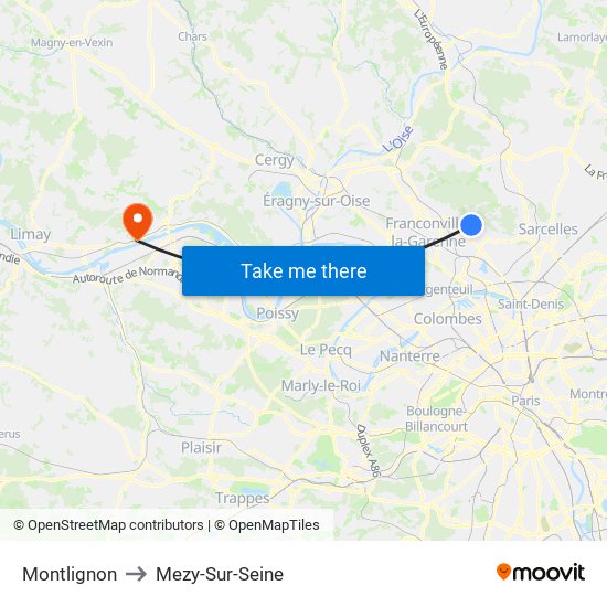 Montlignon to Mezy-Sur-Seine map