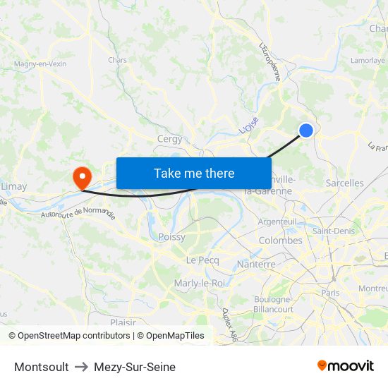 Montsoult to Mezy-Sur-Seine map