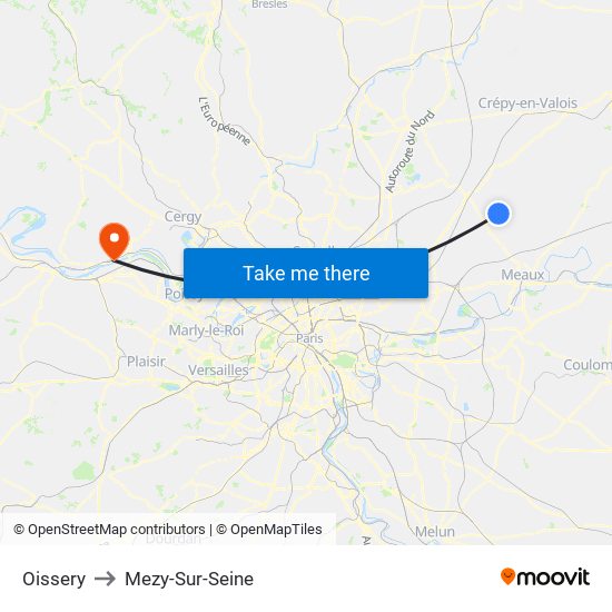 Oissery to Mezy-Sur-Seine map