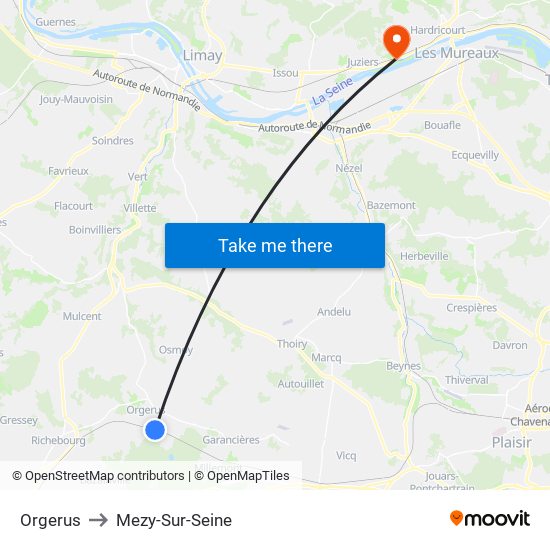 Orgerus to Mezy-Sur-Seine map