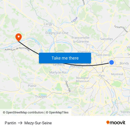 Pantin to Mezy-Sur-Seine map