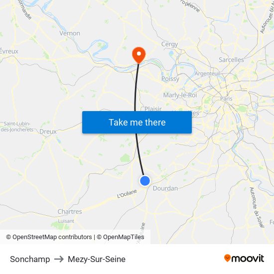 Sonchamp to Mezy-Sur-Seine map