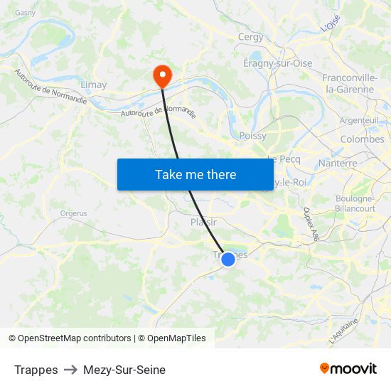 Trappes to Mezy-Sur-Seine map