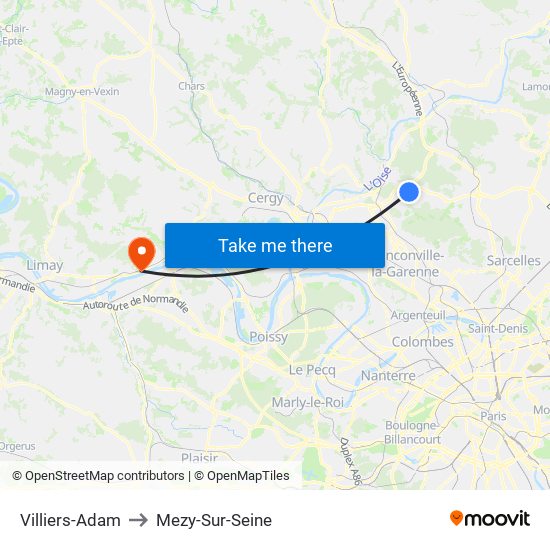 Villiers-Adam to Mezy-Sur-Seine map