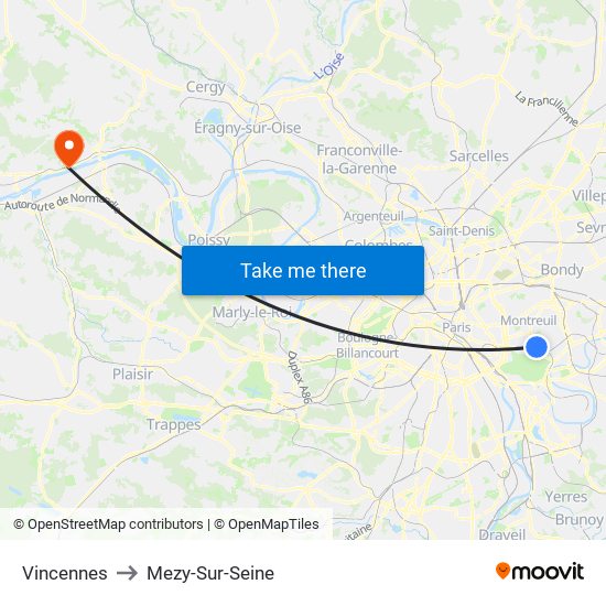 Vincennes to Mezy-Sur-Seine map