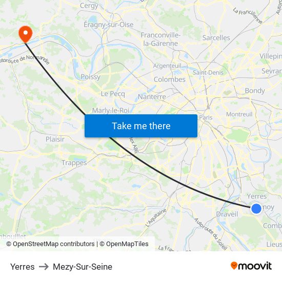 Yerres to Mezy-Sur-Seine map
