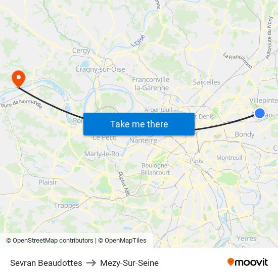 Sevran Beaudottes to Mezy-Sur-Seine map