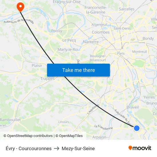 Évry - Courcouronnes to Mezy-Sur-Seine map