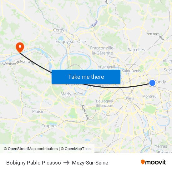 Bobigny Pablo Picasso to Mezy-Sur-Seine map