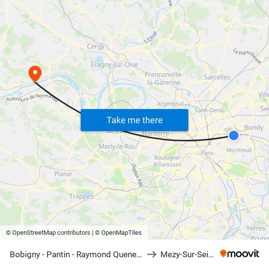 Bobigny - Pantin - Raymond Queneau to Mezy-Sur-Seine map