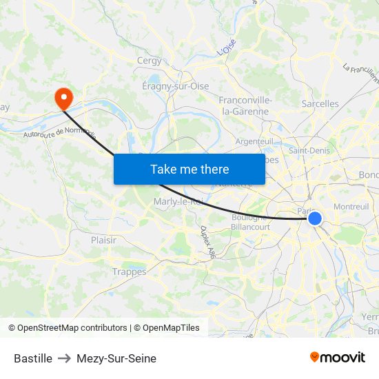 Bastille to Mezy-Sur-Seine map