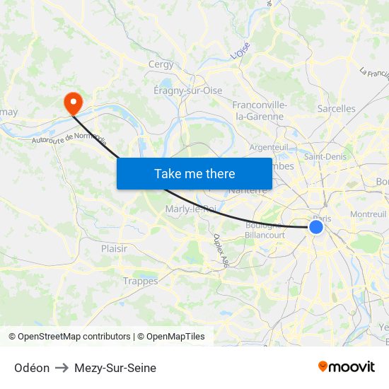 Odéon to Mezy-Sur-Seine map