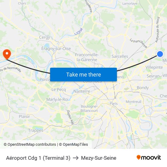 Aéroport Cdg 1 (Terminal 3) to Mezy-Sur-Seine map