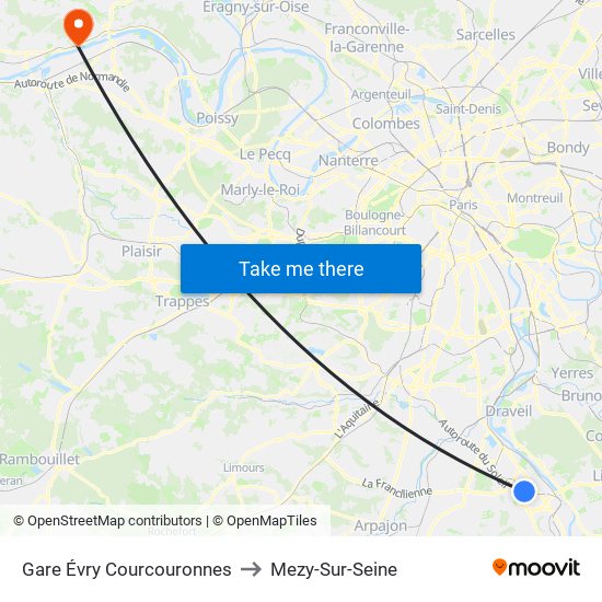 Gare Évry Courcouronnes to Mezy-Sur-Seine map
