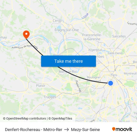 Denfert-Rochereau - Métro-Rer to Mezy-Sur-Seine map
