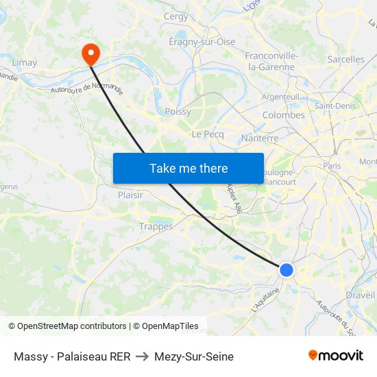 Massy - Palaiseau RER to Mezy-Sur-Seine map