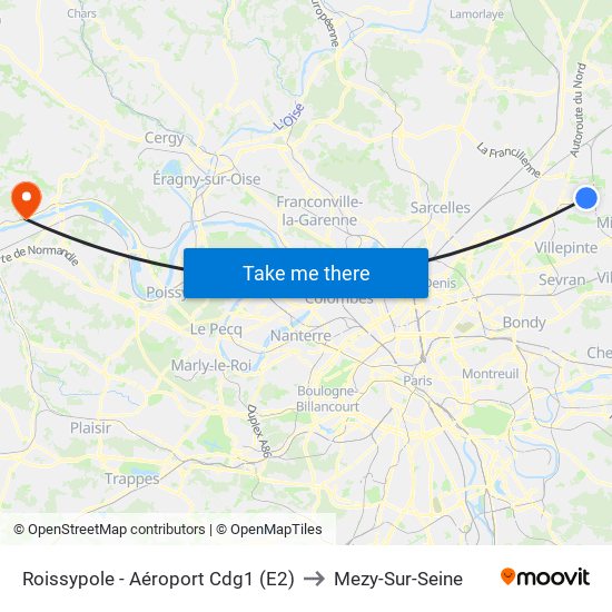 Roissypole - Aéroport Cdg1 (E2) to Mezy-Sur-Seine map