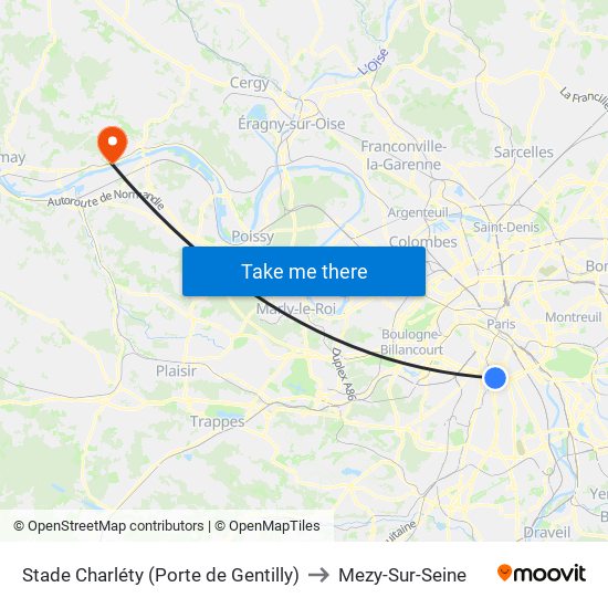 Stade Charléty (Porte de Gentilly) to Mezy-Sur-Seine map