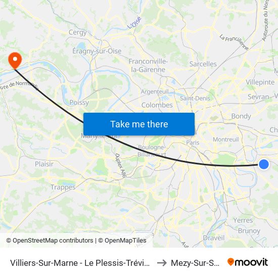 Villiers-Sur-Marne - Le Plessis-Trévise RER to Mezy-Sur-Seine map